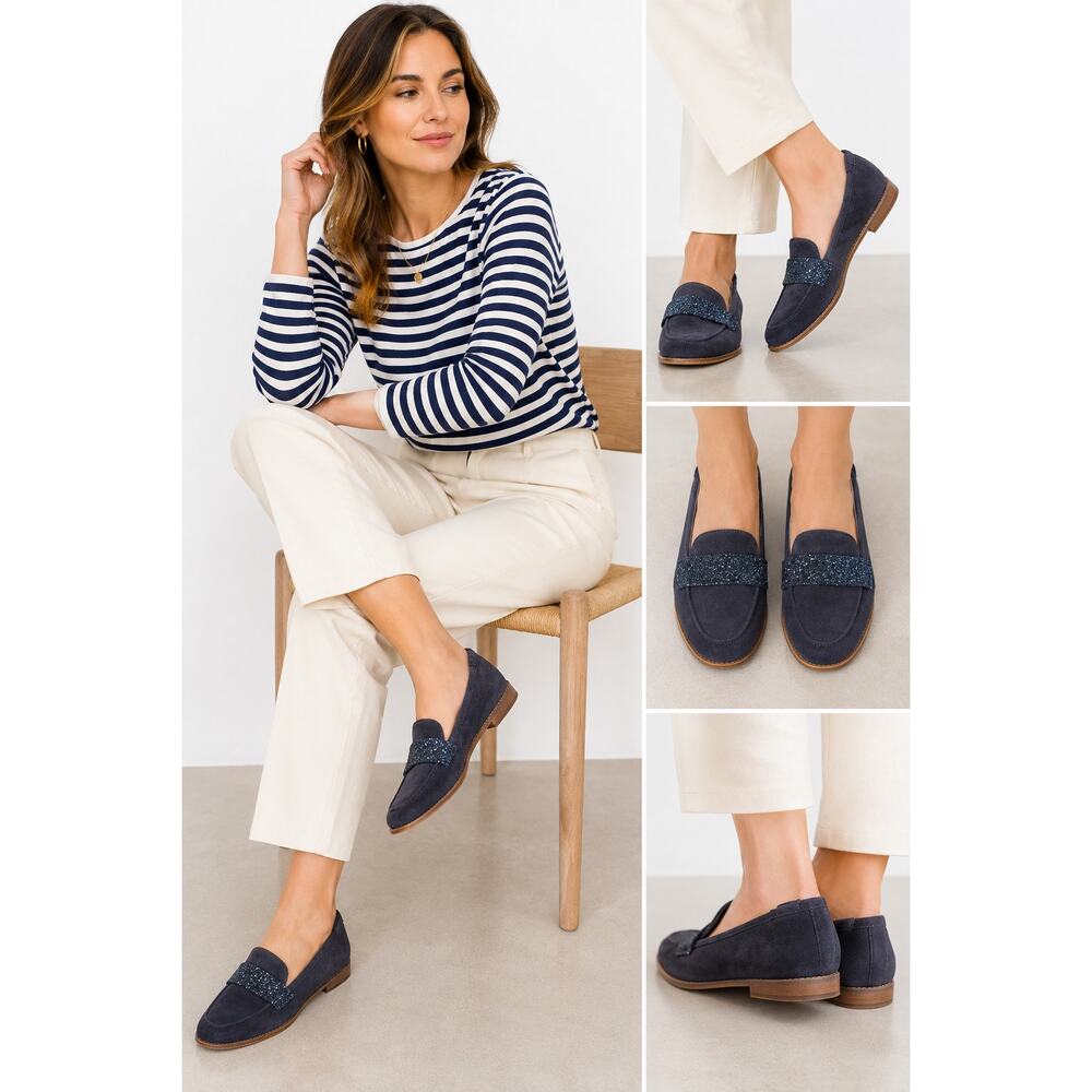 Bobbies Paris Navy Suede Glitter Loafers Smoking Flats Women’s 6.5/37